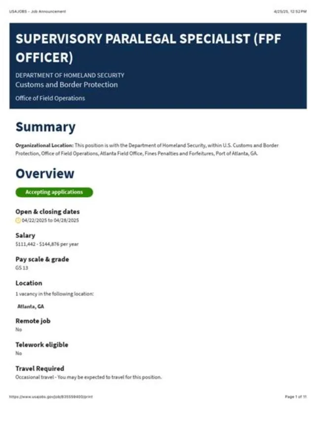 Supervisory Paralegal Specialist job opening at Immigration And Customs Enforcement