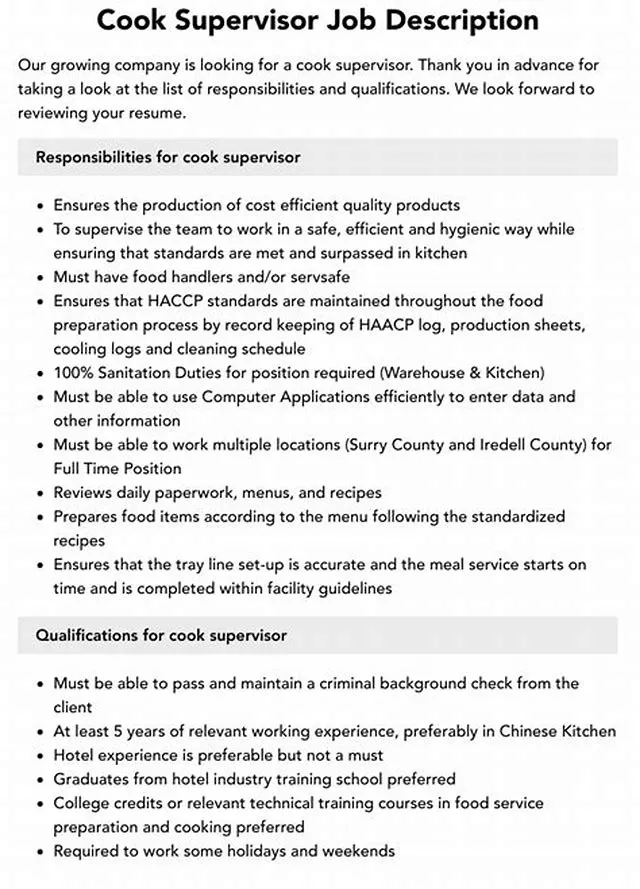 Cook Supervisor (Cook Foreman)