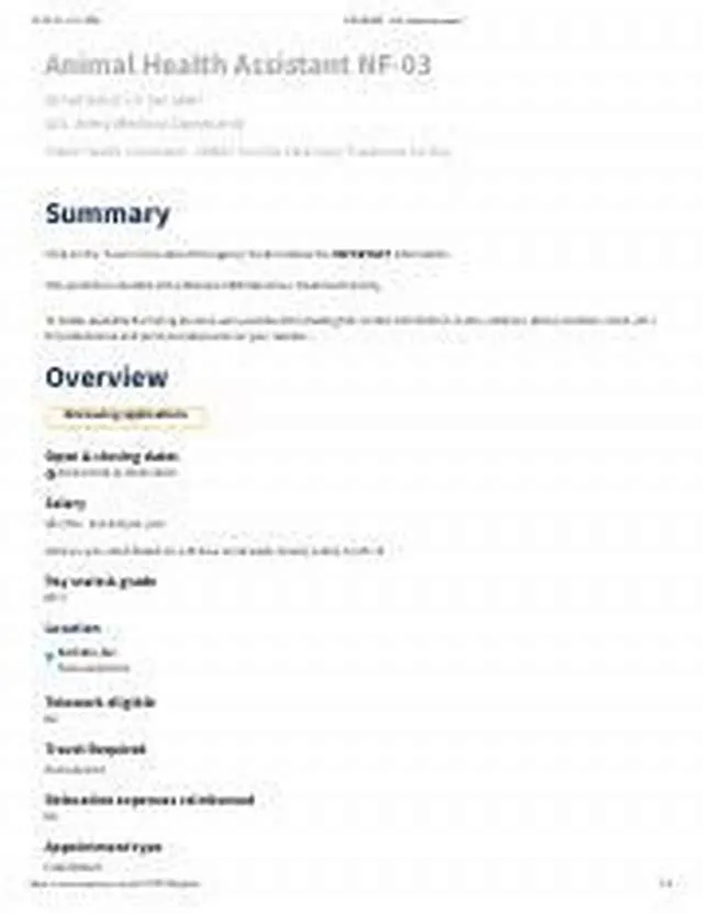 Animal Health Assistant Nf-03 job opening at U.S. Army Medical Command