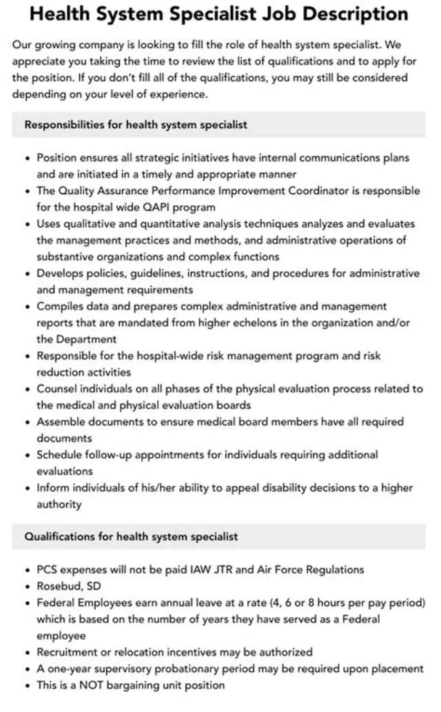 Health System Specialist job opening at Veterans Health Administration