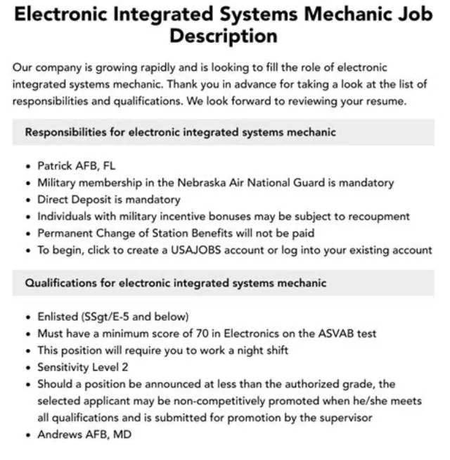 Title 32 Electronic Integrated Systems Mechanic (Mi Aasf 2) job opening at Army National Guard Units